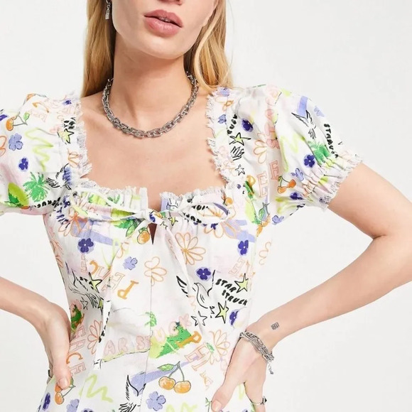 ASOS DESIGN square neck twill mini dress in bright peace print - Picture 13 of 13